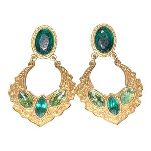 1928 Jewelry Textured Gold Plate Green Rhinestones Vintage 90s doorknockers JB7